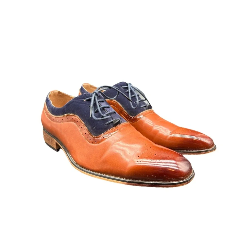 Gino Vitale Oxford Mens 11 Tan Navy Blue Excellent‎ Two Tone Brogue Dress Shoes